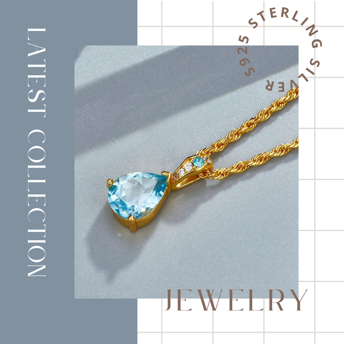 S925 Sterling Silver with 18K Gold Plating, Natural Sky Blue Topaz Pendant Necklace for Women