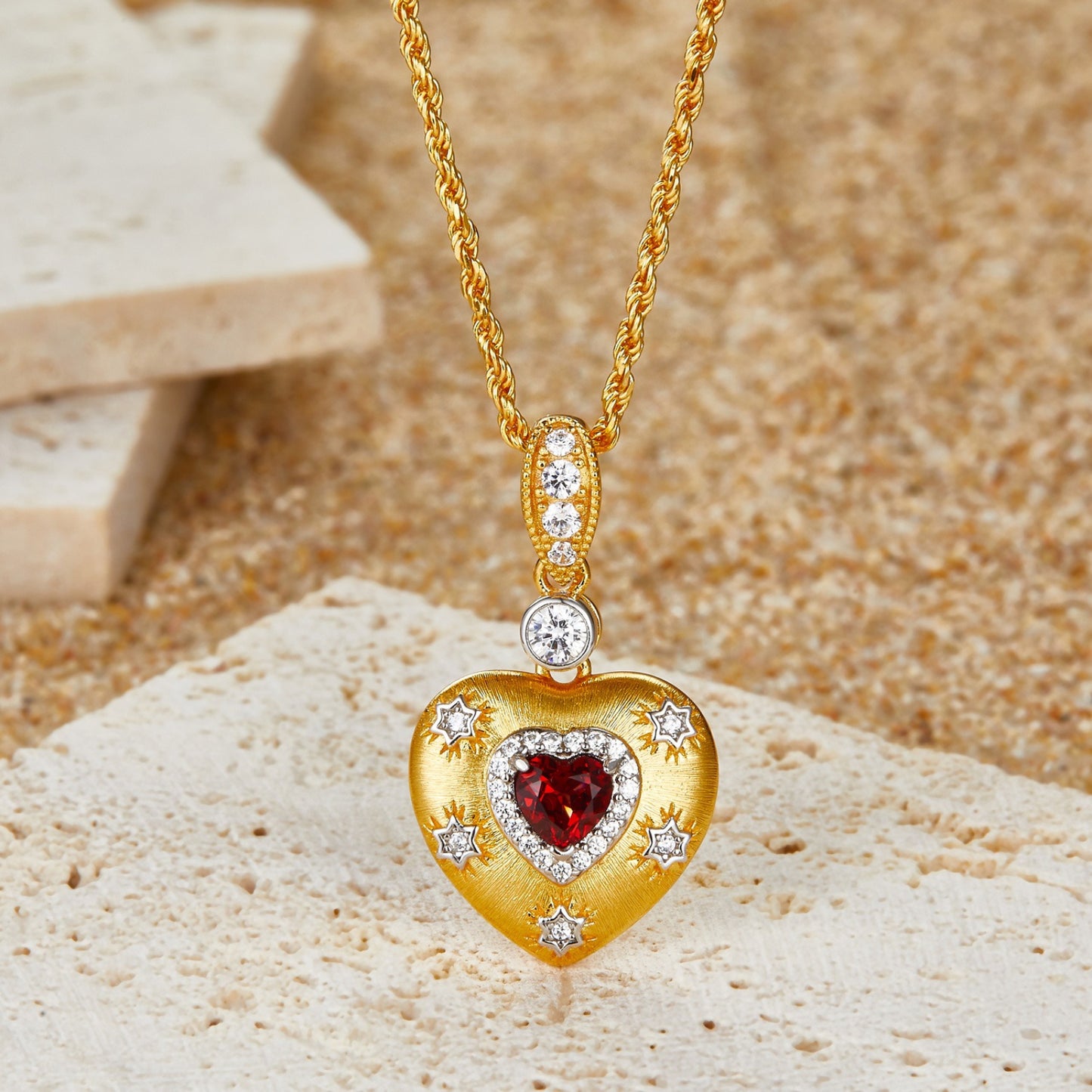 KFG Jewellry S925 Silver Garnet Love Heart Necklace for Women Genuine 18K Gold Plated Hand Wire Drawing Heart Pendant Necklaces