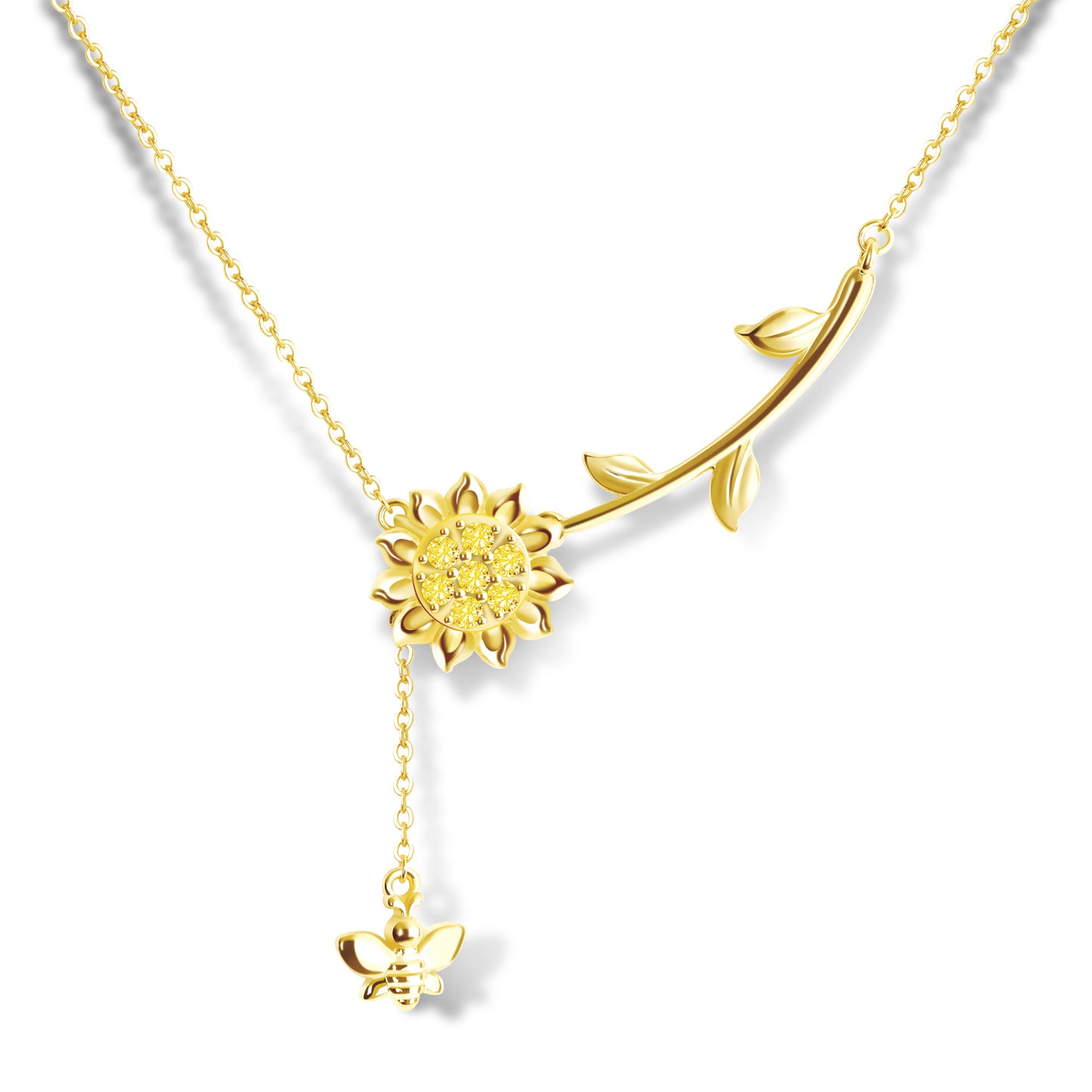 Sunflower and Bee Necklace with CZ in Sterling Silver