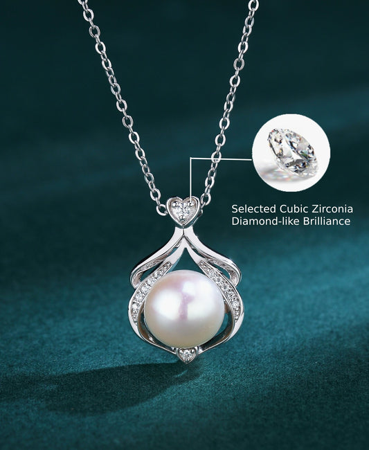 Love Heart Necklace with Natural Pearl(8-9mm) CZ in Sterling Silver
