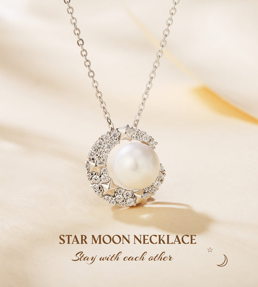 Star and Moon Necklace with Natural Pearl (8.5-9.0mm) in Sterling Silver