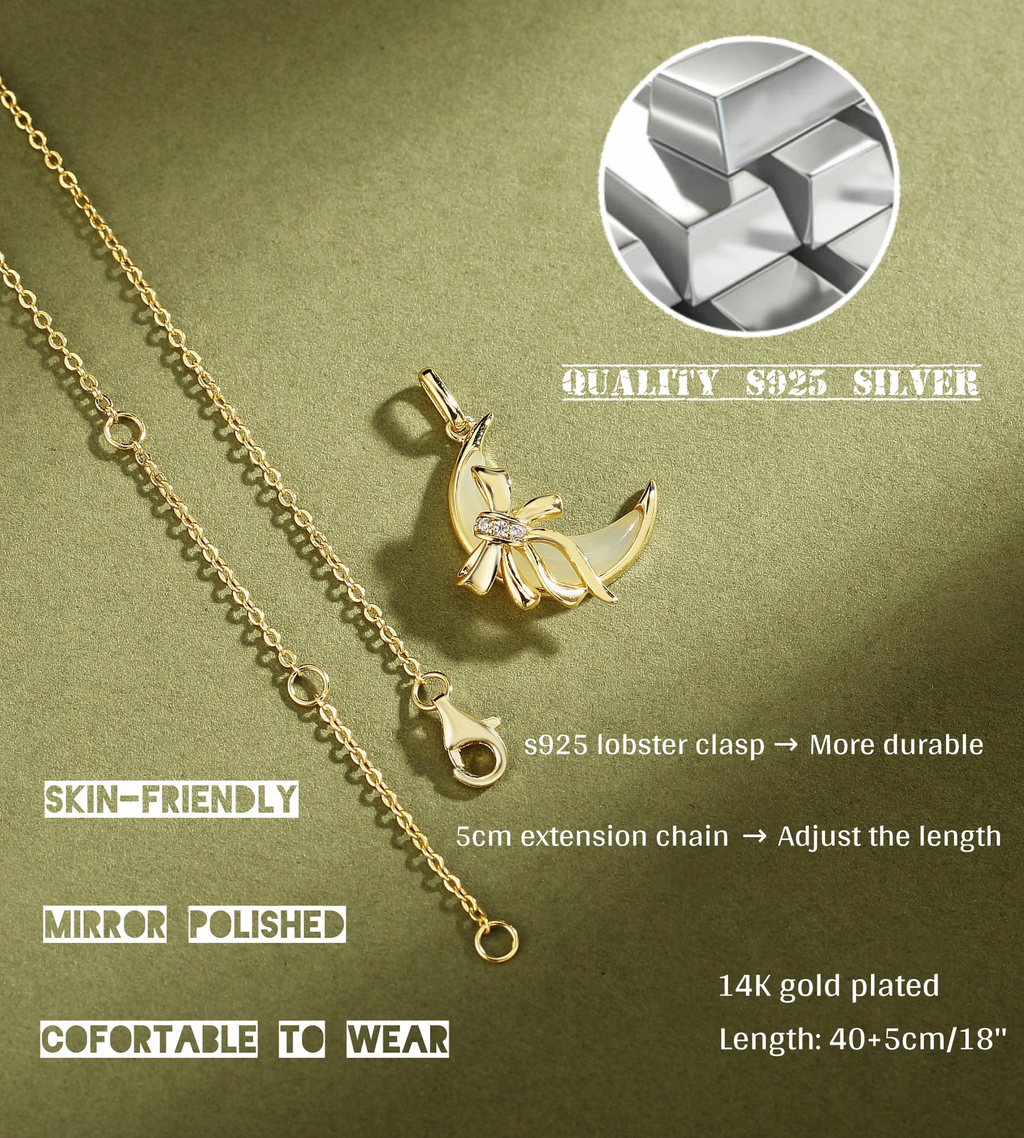 45cm(18'')Necklace with Jade in Sterling Silver