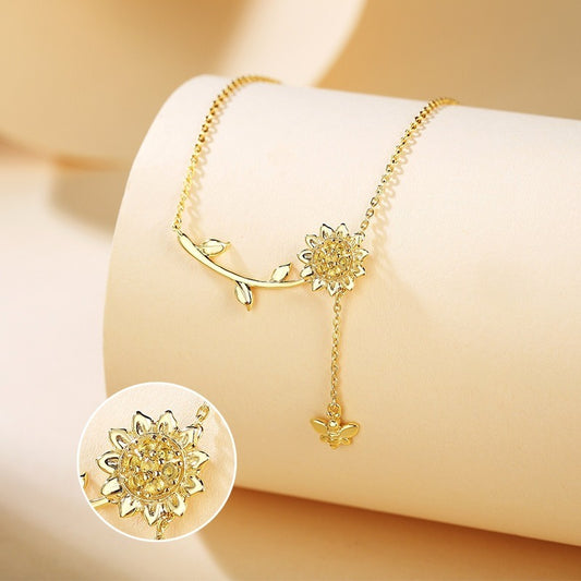 Sunflower and Bee Necklace with CZ in Sterling Silver