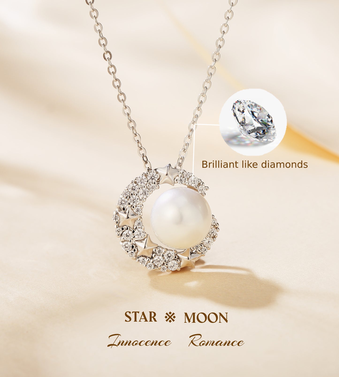 Star and Moon Necklace with Natural Pearl (8.5-9.0mm) in Sterling Silver