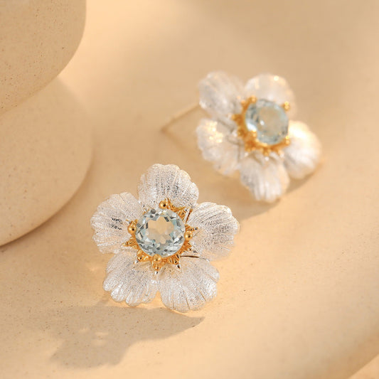 KFG Jewllery S925 Sterling Silver Inlaid Natural Topaz Women's Stud Earrings | French Earrings | Sterling Silver Earrings for Girls