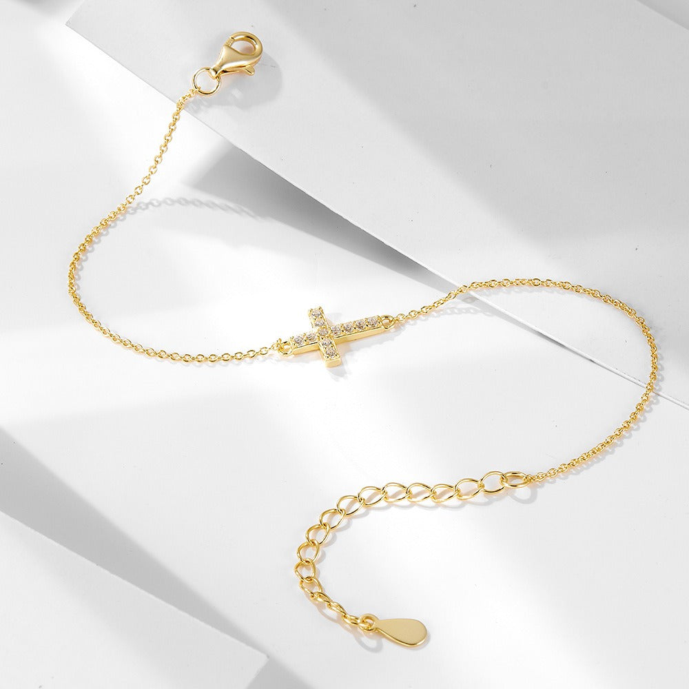 Women's 925 Sterling Silver Cross Bracelet 14K Gold Plated