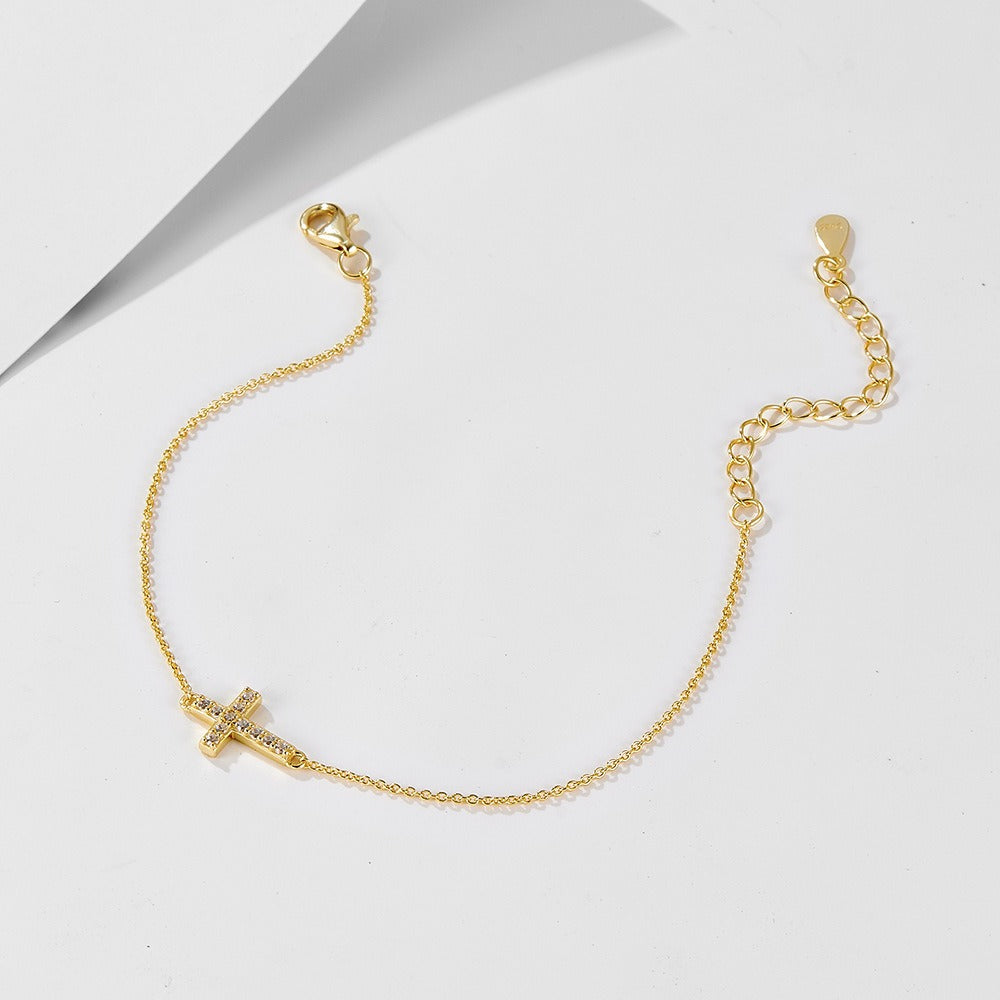 Women's 925 Sterling Silver Cross Bracelet 14K Gold Plated