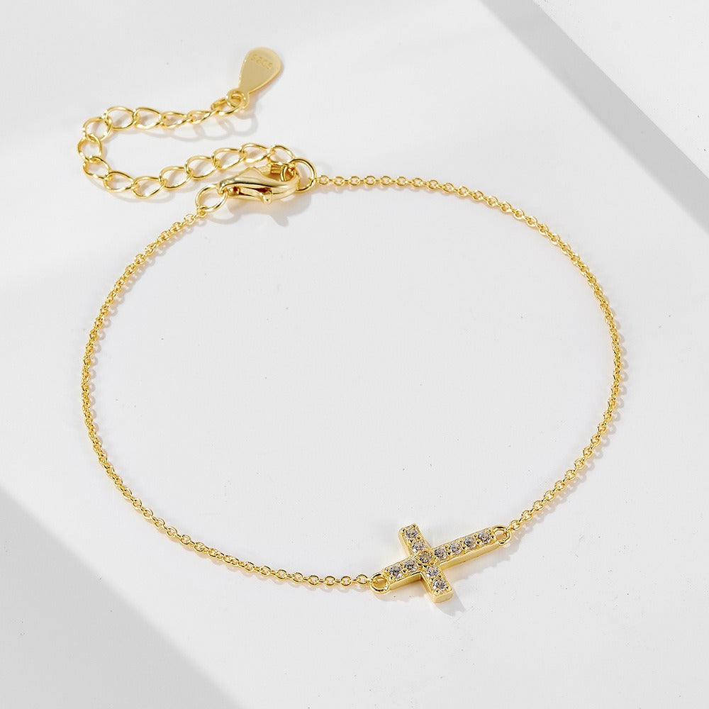 Women's 925 Sterling Silver Cross Bracelet 14K Gold Plated