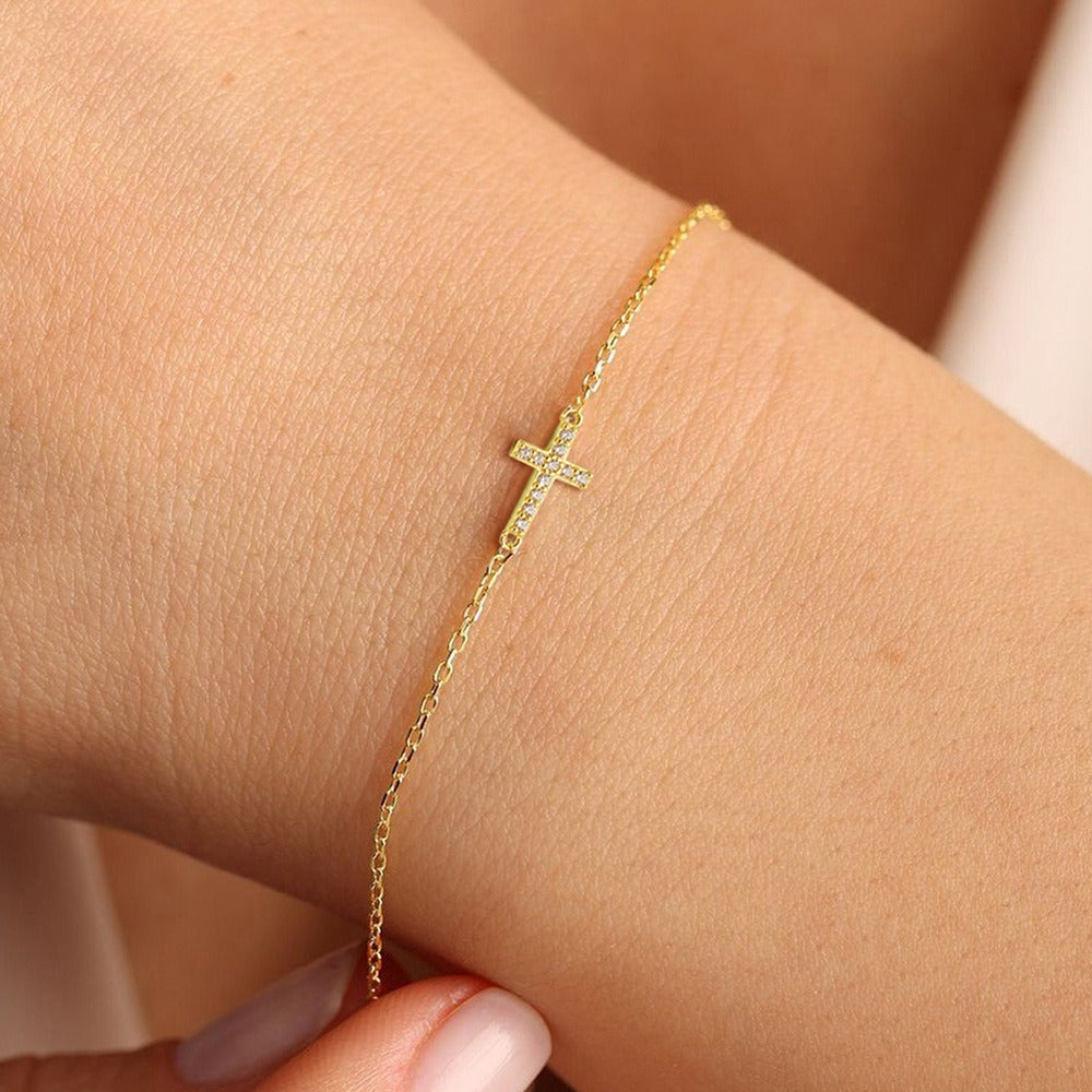 Women's 925 Sterling Silver Cross Bracelet 14K Gold Plated