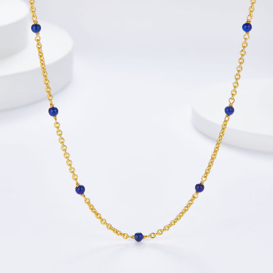 KFG Jewellery Natural Gemstone S925 Sterling Silver Necklace Plated 18K Genuine Gold Chain Necklaces for Women (Natural Lapis Lazuli)