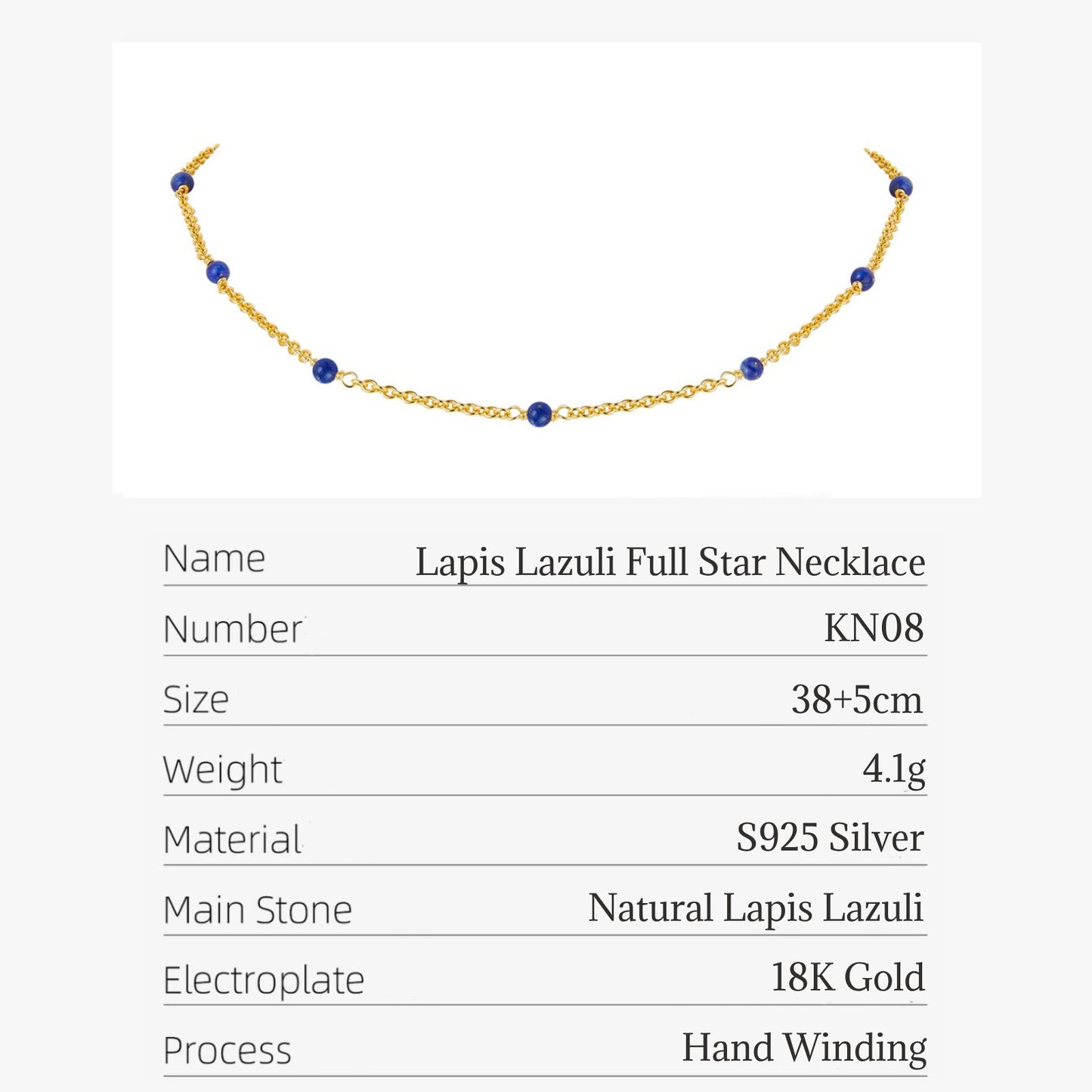 KFG Jewellery Natural Gemstone S925 Sterling Silver Necklace Plated 18K Genuine Gold Chain Necklaces for Women (Natural Lapis Lazuli)