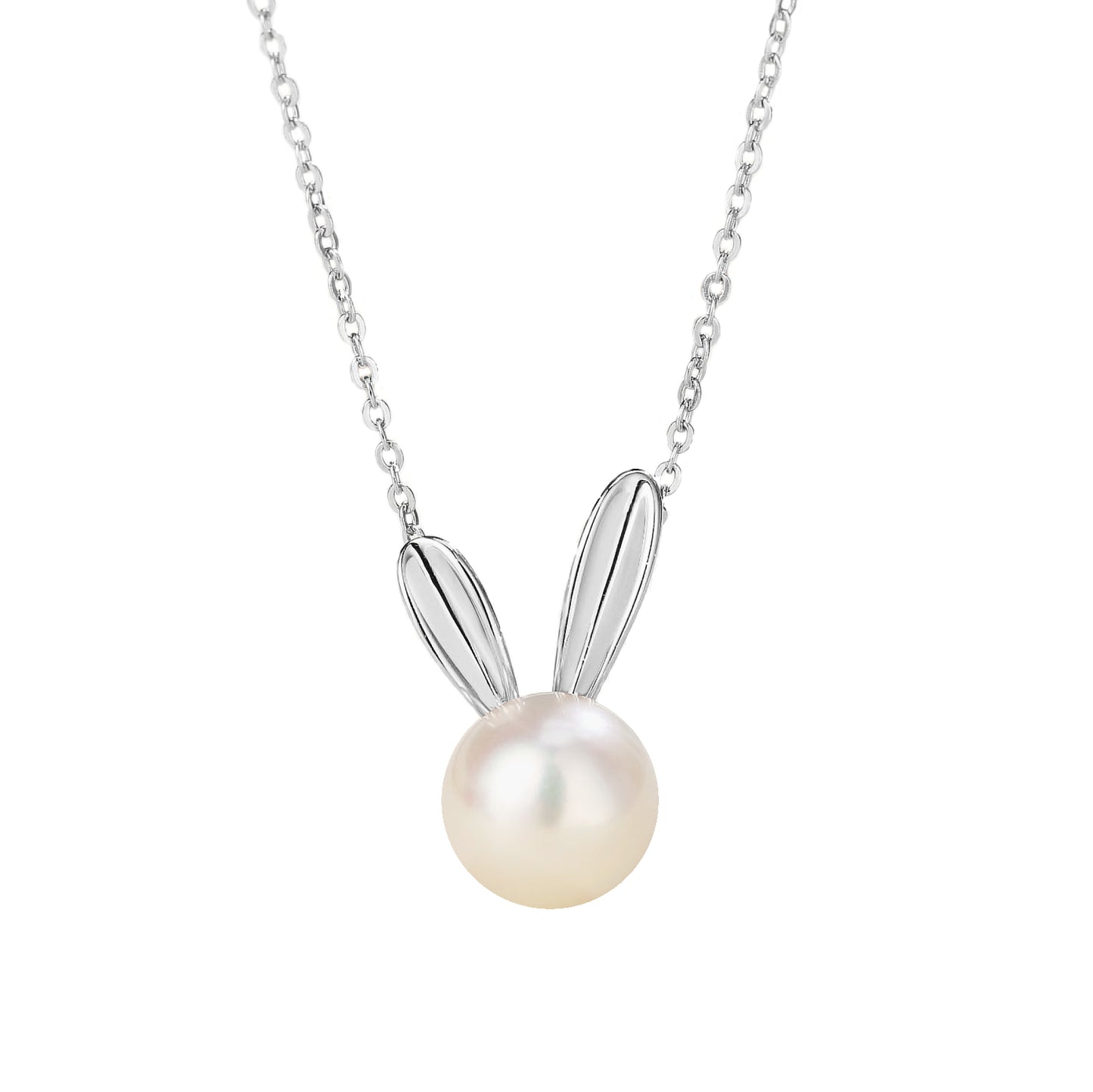 Cute Rabbit Necklace Iwith Natural Pearls (8-9mm) in Sterling Silver (Platinum)