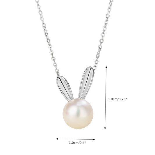 Cute Rabbit Necklace Iwith Natural Pearls (8-9mm) in Sterling Silver (Platinum)