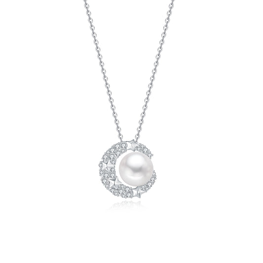 Star and Moon Necklace with Natural Pearl (8.5-9.0mm) in Sterling Silver