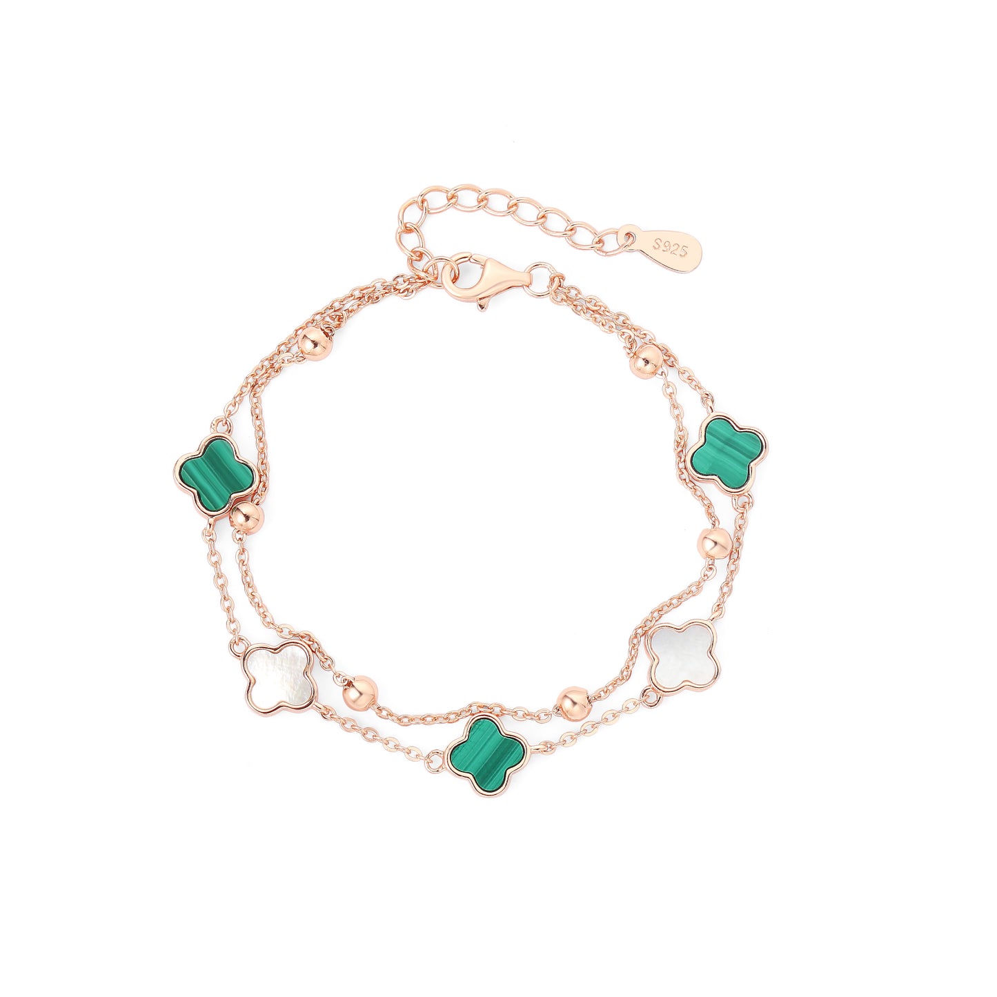 Clover Bracelet with Mother of Pearl & Malachite in Sterling Silver