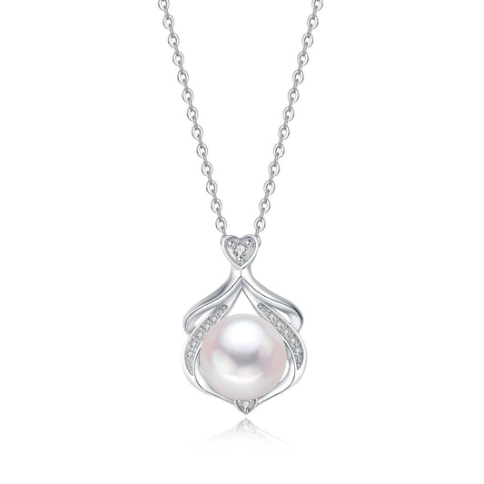 Love Heart Necklace with Natural Pearl(8-9mm) CZ in Sterling Silver