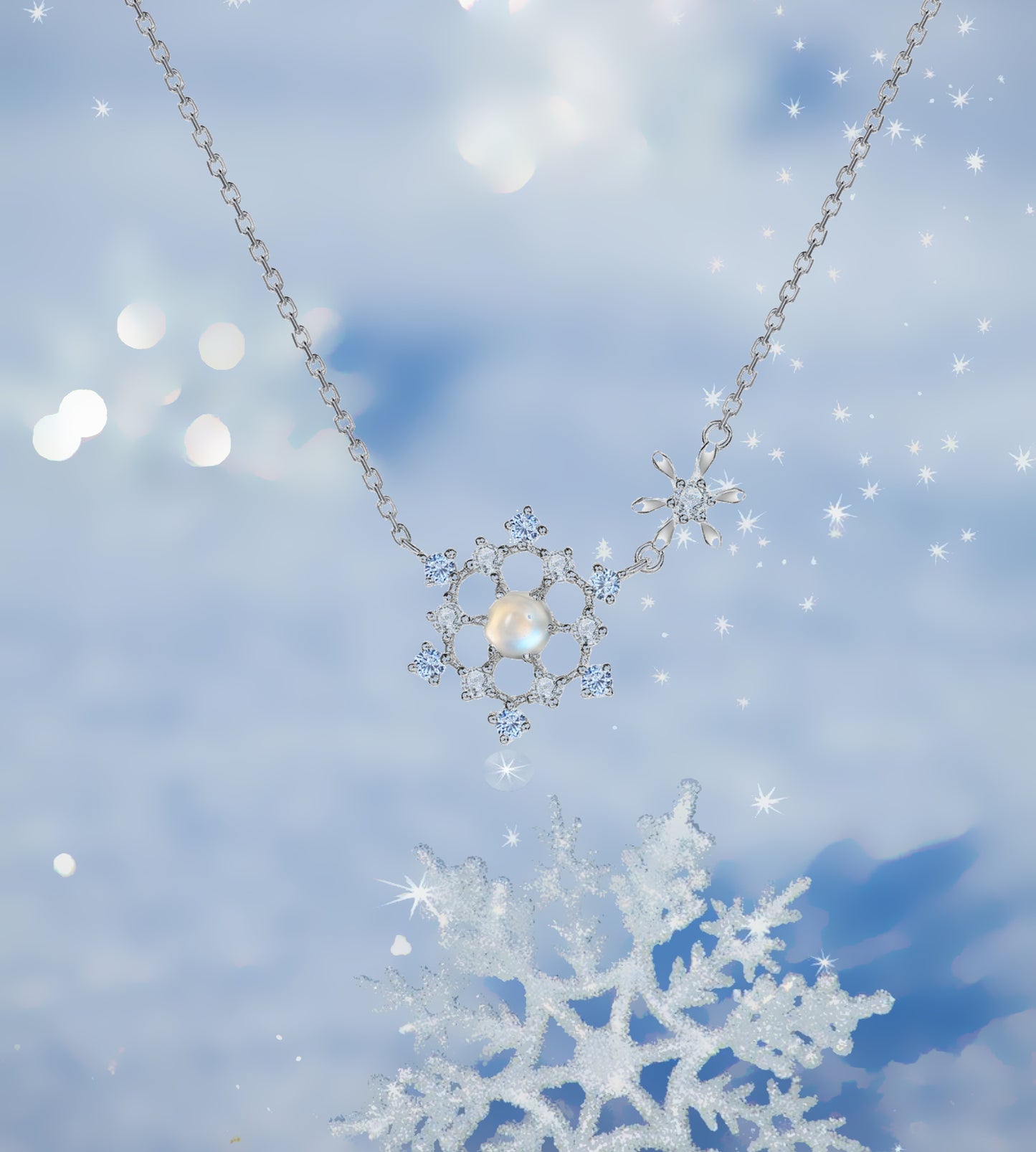 Snowflake Necklace with Moonstone & Cubic Zirconia in Sterling Silver