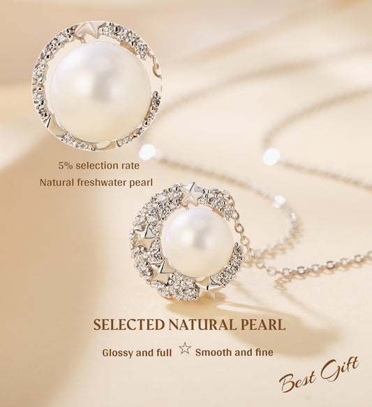 Star and Moon Necklace with Natural Pearl (8.5-9.0mm) in Sterling Silver