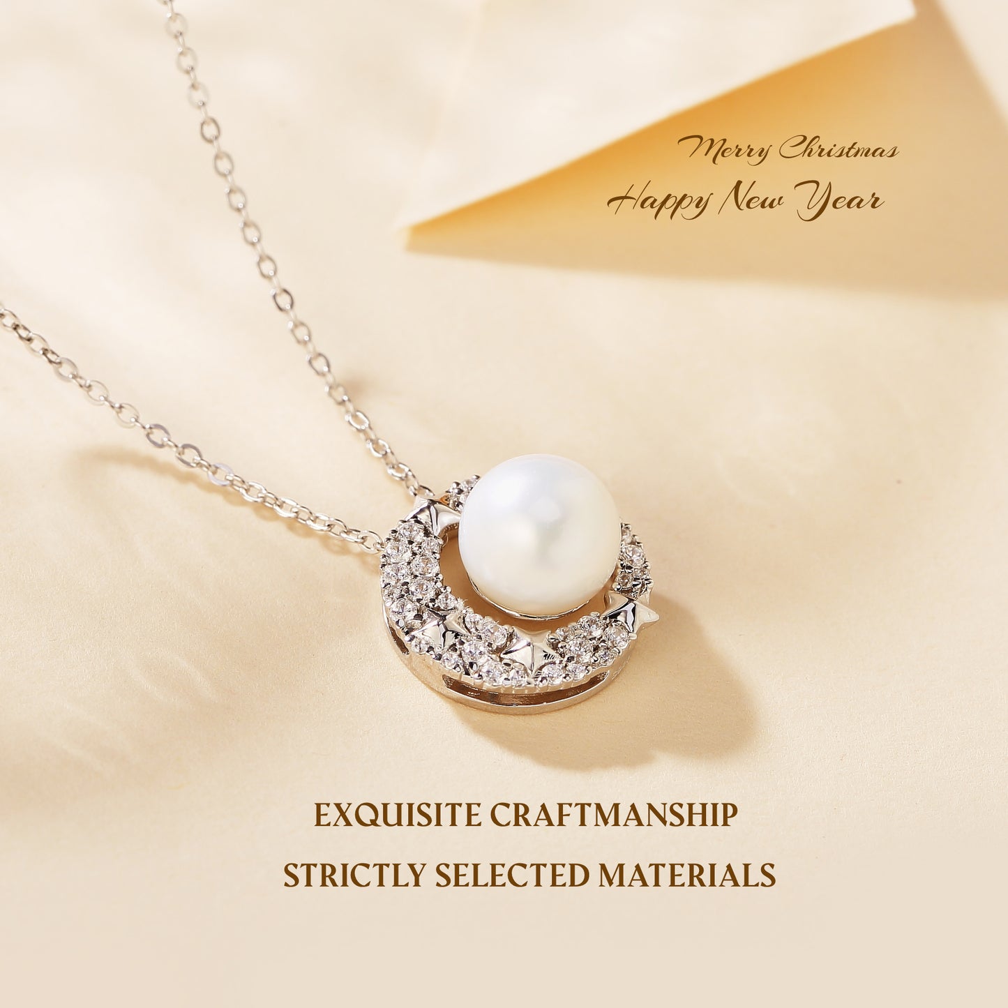 Star and Moon Necklace with Natural Pearl (8.5-9.0mm) in Sterling Silver