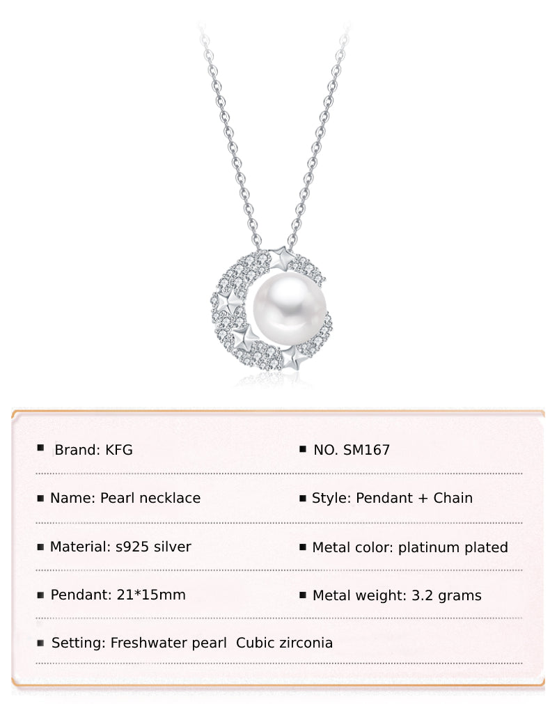 Star and Moon Necklace with Natural Pearl (8.5-9.0mm) in Sterling Silver