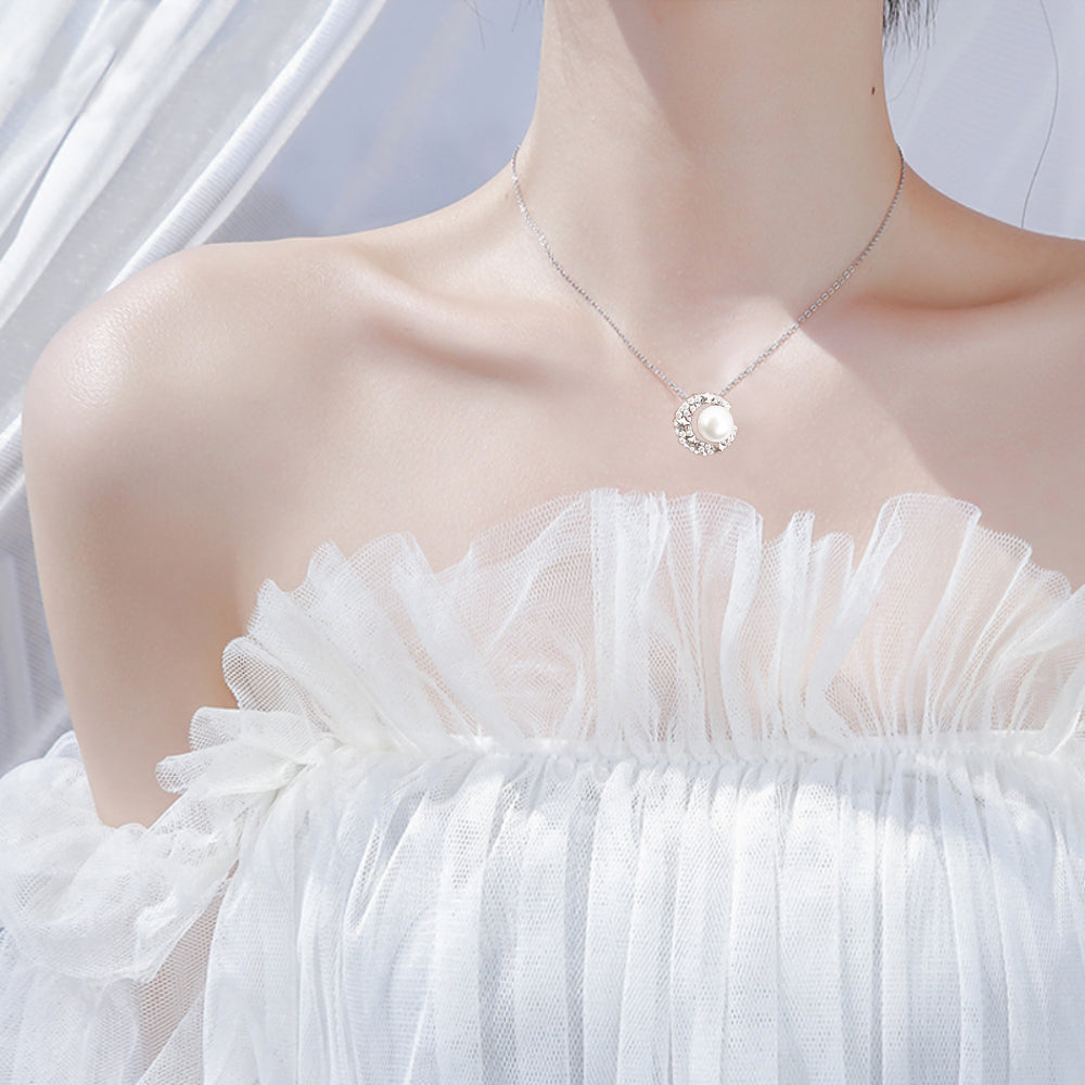 Star and Moon Necklace with Natural Pearl (8.5-9.0mm) in Sterling Silver
